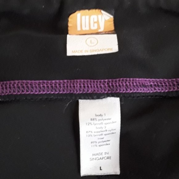 Lucy Tech Black Purple Tiger Stripe Animal Print Capri Leggings EUC sz L - Picture 2 of 8